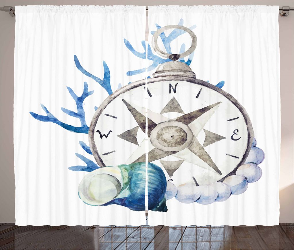 ABAKUHAUS Kompass Rustikaler Gardine, Aquarell Wasser, Schlafzimmer Kräuselband Vorhang mit Schlaufen und Haken, 280 x 245 cm, Marineblau Eggshell