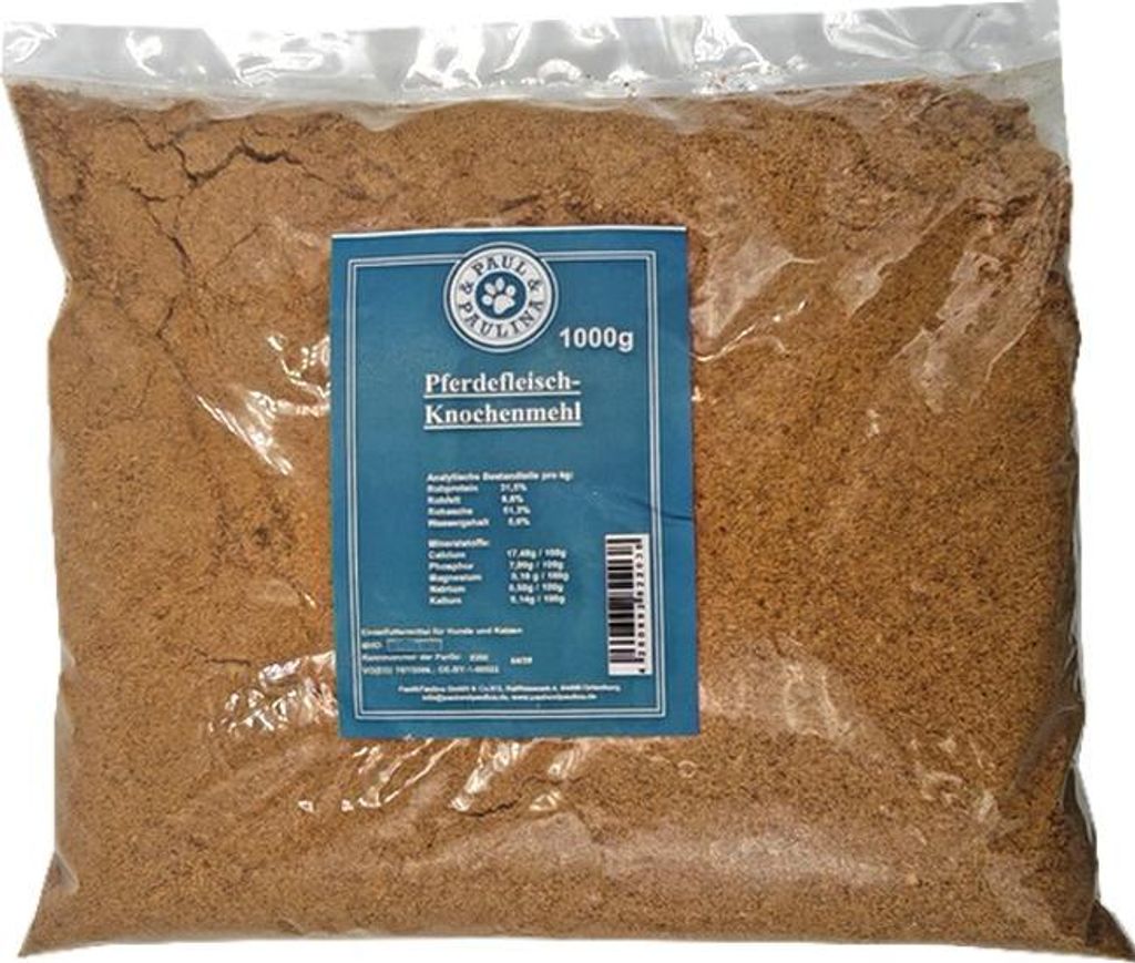 Paul & Paulina Pferdefleischknochenmehl 1kg Knochenmehl Einzelfuttermittel für Hunde und Katzen / barf