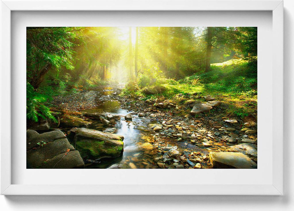 Waldbach im Sonnenschein– Wandbild mit Rahmen – Gerahmtes Bild – Wanddekoration – 60x40 cm – Schwarz Rahmen