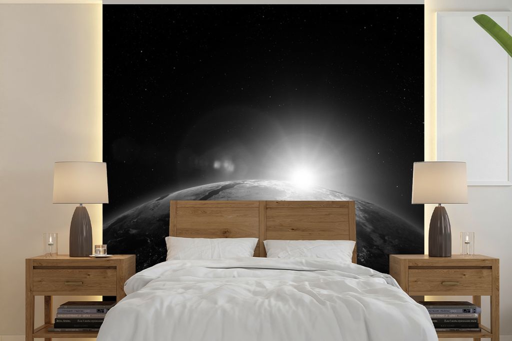 MuchoWow Fototapete für Wohnzimmer oder Schlafzimmer Wandtapete Vinyl Motivtapete Erde - Sonne - Weltraum - 260x260 cm - Papiertapeten
