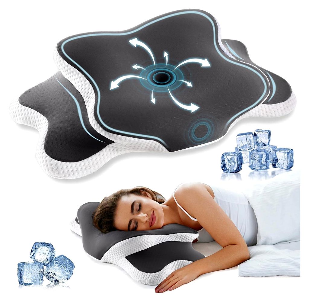 Memory Foam Kissen, Ergonomisches Nackenstützkissen, Orthopädisches Kopfkissen für Seiten-, Rücken- und Bauchschläfer mit Waschbarem Kühlbezug