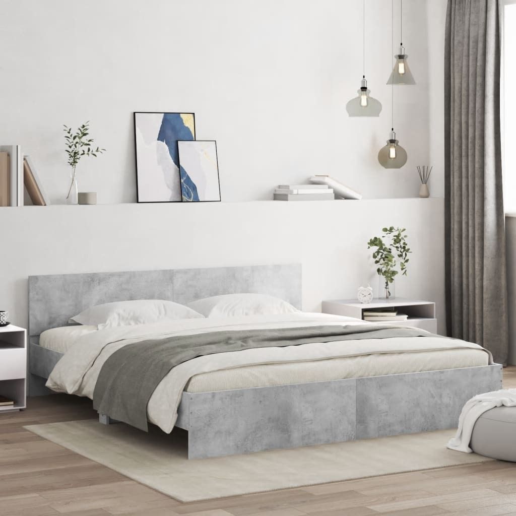 "Winter Sale" Klassische Betten - Grau Bettgestell - Doppelbett mit Kopfteil und LED-Beleuchtung Betongrau DE5599759
