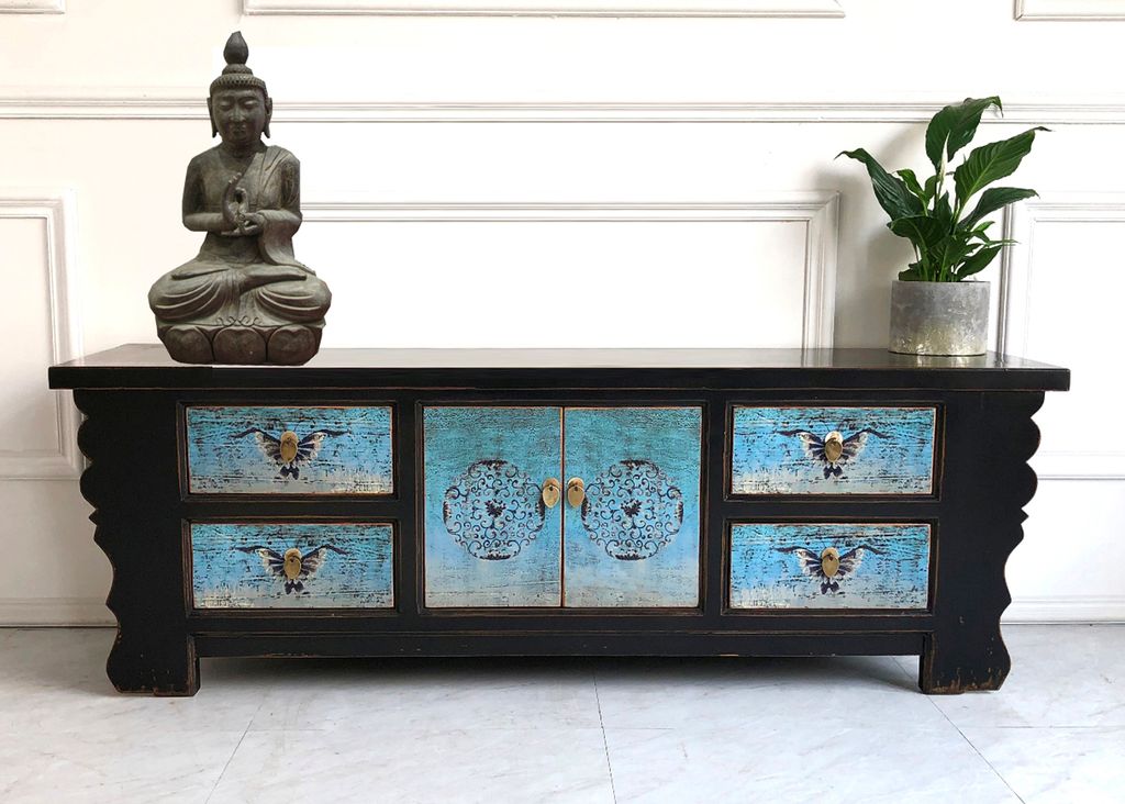 Chinesisches Lowboard Sideboard Kommode Schrank Möbel asiatisch orientalisch chinesisch Büffet Anrichte schwarz-türkis China Shabby Chic Vintage...