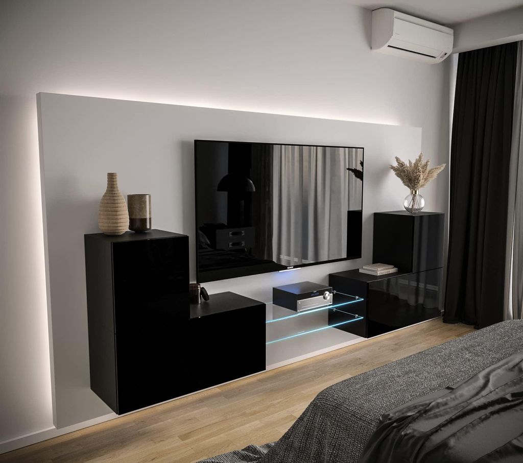 Furnitech Wohnwand Wohnzimmer - Wohnzimmer Möbel mit LED RGB - 16 Farben - Hängend Wohnwand Modern - Regale und TV Schrank (AN96-21B-HG1 1C)