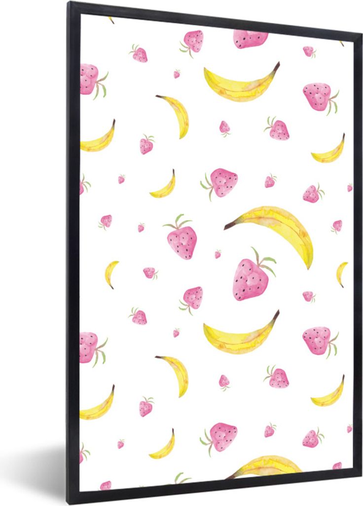 MuchoWow Gerahmtes Poster Banane - Erdbeere - Aquarell 60x90 cm - Poster mit Schwarzem Bilderrahmen Wandposter Rahmen Foto Bilder - Kunst