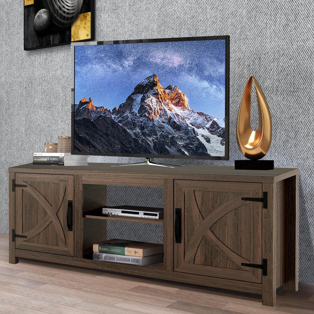 Parrot Uncle TV-Schrank für Fernseher bis 65 Zoll, MDF, Brauner , mit 2 offenen Fächern und 2 Tür, 147 x 41 x 62 cm, 54 kg Tragkraft