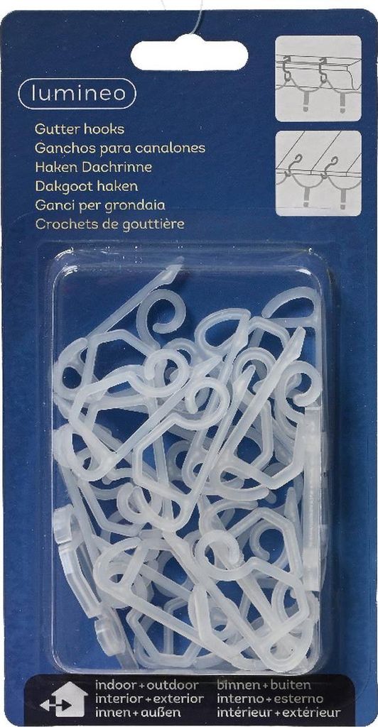 A retail package containing multiple white gutter hooks.