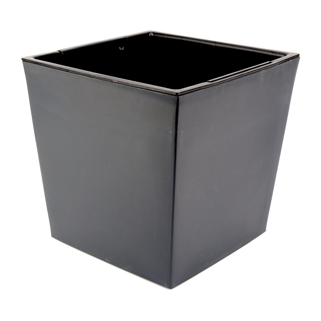 A black square planter pot with a slightly tapered shape, shown from a three-quarter angle against a white background.