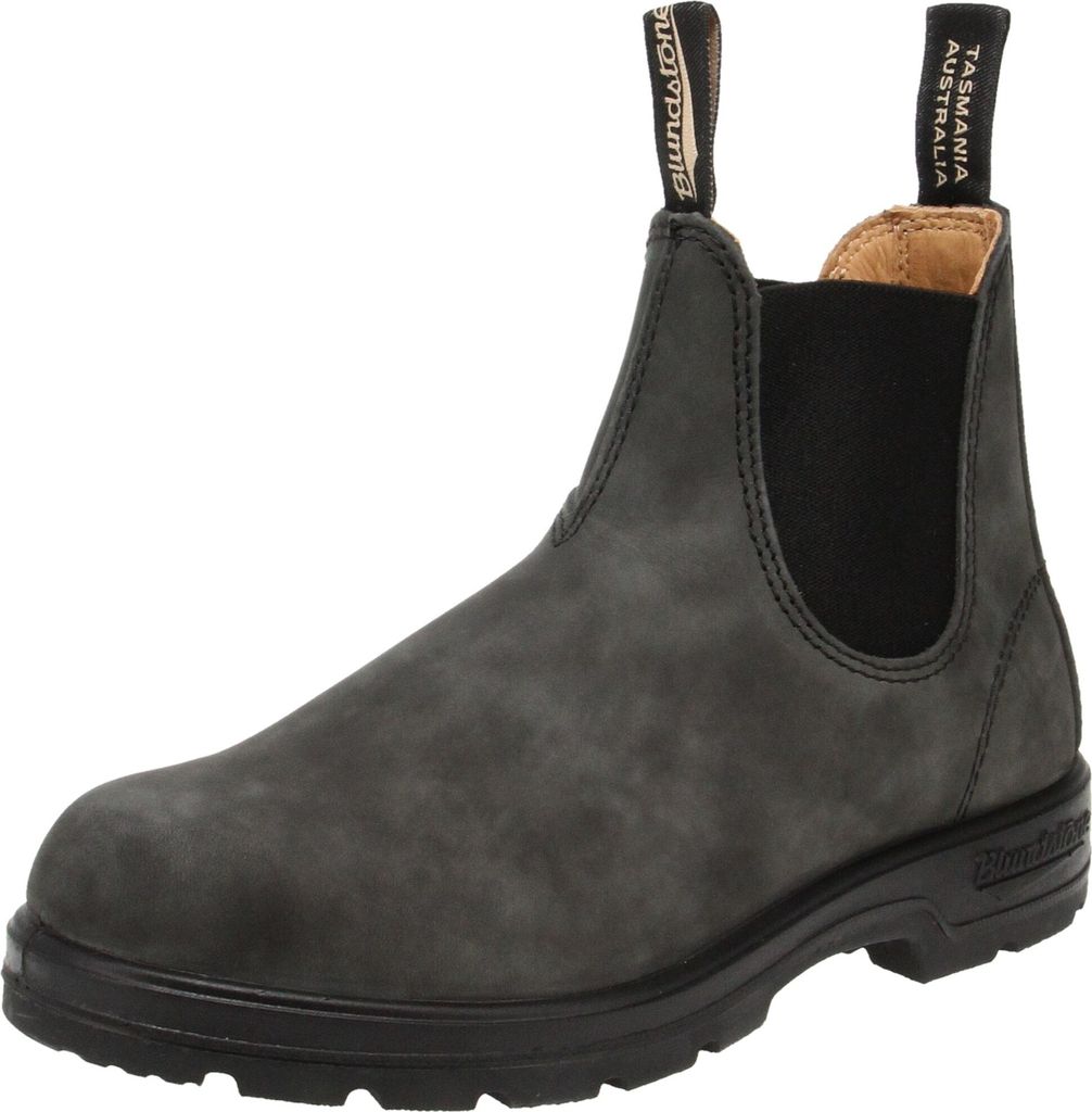 A single grey Blundstone boot is shown against a white background.