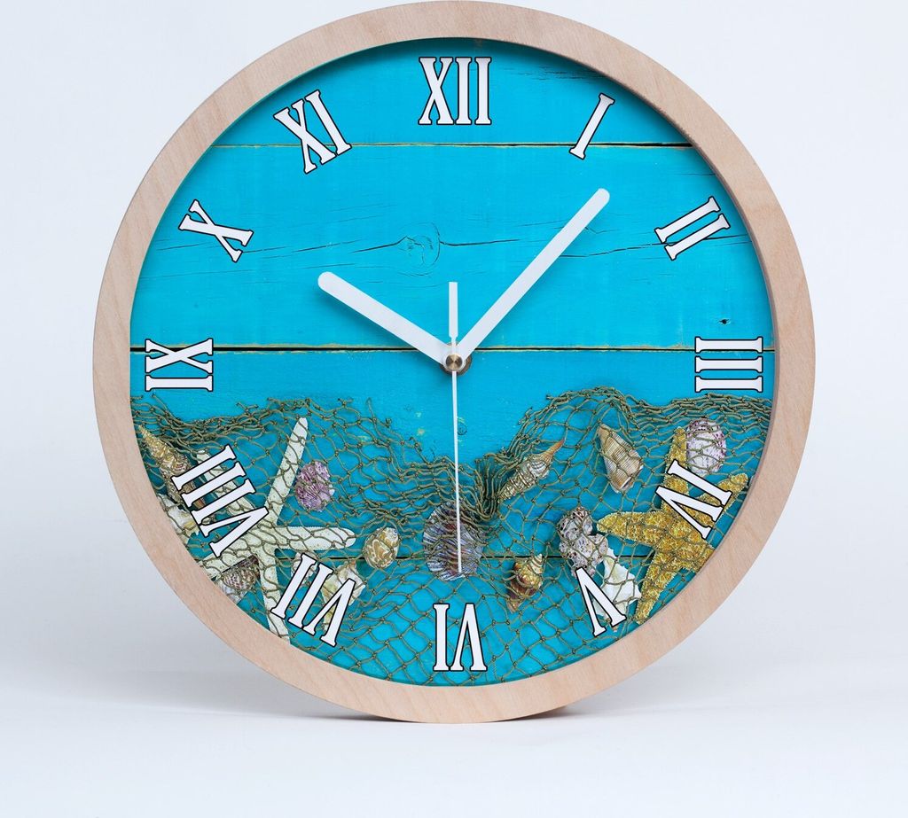 Holzuhr 25fi cm wanduhr - weiße Spitzen - Seesterne und Muscheln