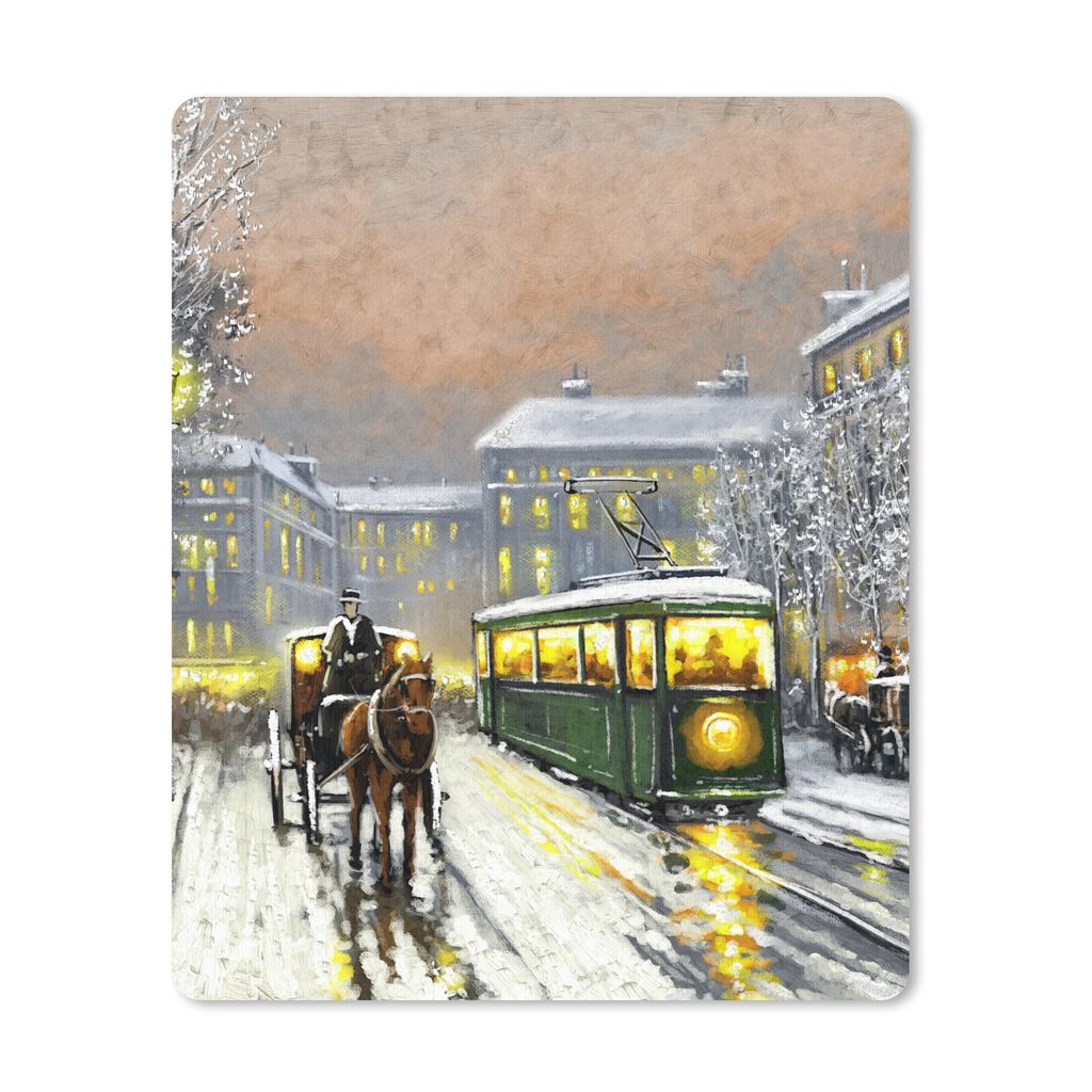 MuchoWow Mauspad Mousepad Gemälde - Ölgemälde - Winter - Straßenbahn - Pferd 19x23 cm - Mousepads - Maus Mat - Pad - Mausunterlage - Mauspads...