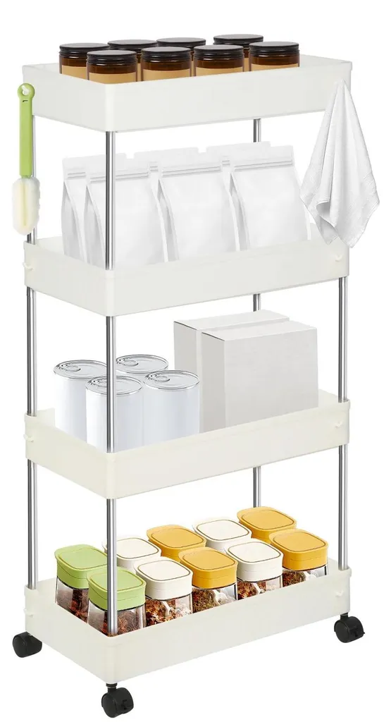 Desserte à roulettes blanche 4 niveaux en plastique pour toute la maison