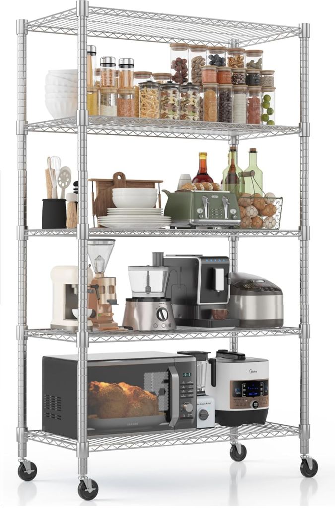 A five-tier metal shelving unit filled with kitchen appliances and food items.