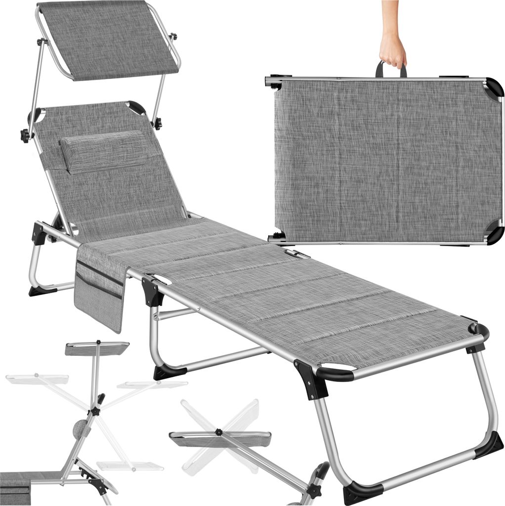 A grey foldable sun lounger is shown in various configurations, including a folded state being held by a hand, and with additional diagrams showing accessories.