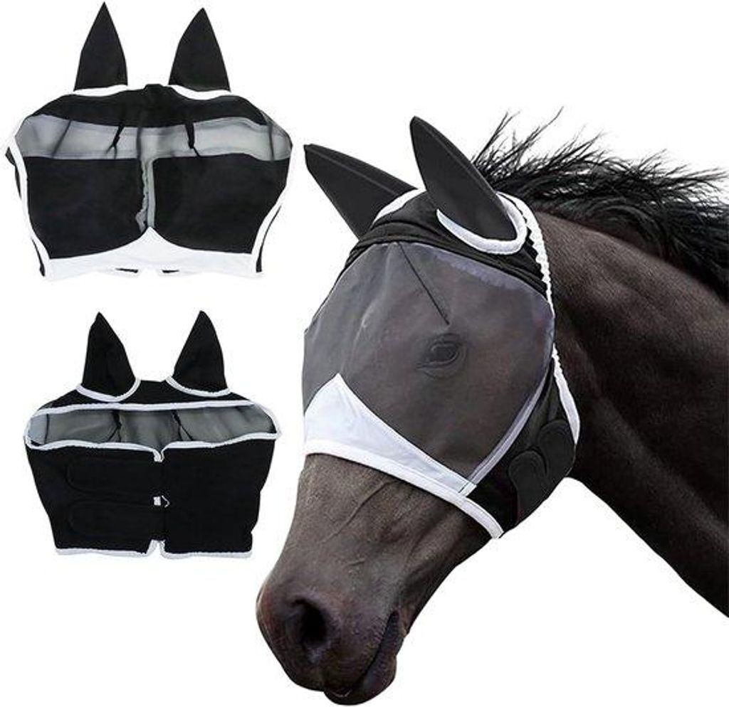 Rekbare Paarden-Vliegenmasker mit UV-Schutz, Halbgesichts-Masker für Pferde, Schwarz, groß
