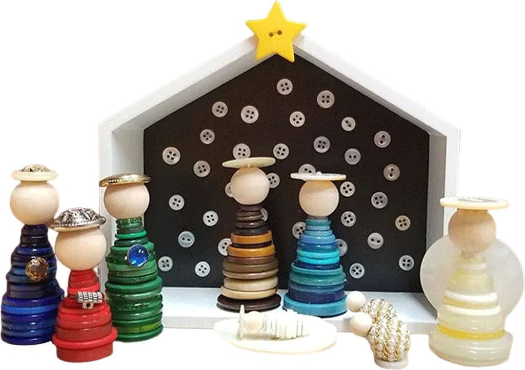 DIY-Krippen-Bastelset mit Knöpfen, Perlen und Stern für kreative Weihnachtsdekoration – ideal für die ganze Familie.