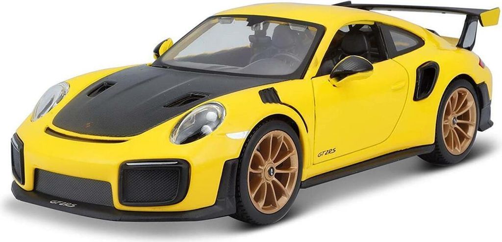 A yellow and black Porsche 911 GT2 RS model car.