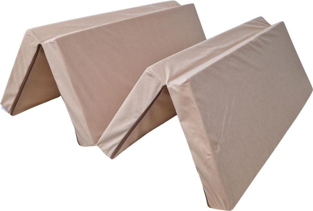 A folded beige mattress is shown from a diagonal angle.