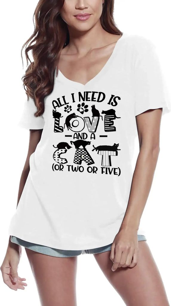 Damen Grafik T-Shirt V-Ausschnitt All i need is love and cat - für Katzenbesitzer – All I Need Is Love And Cat - For Cat Owners – Öko-Verantw...