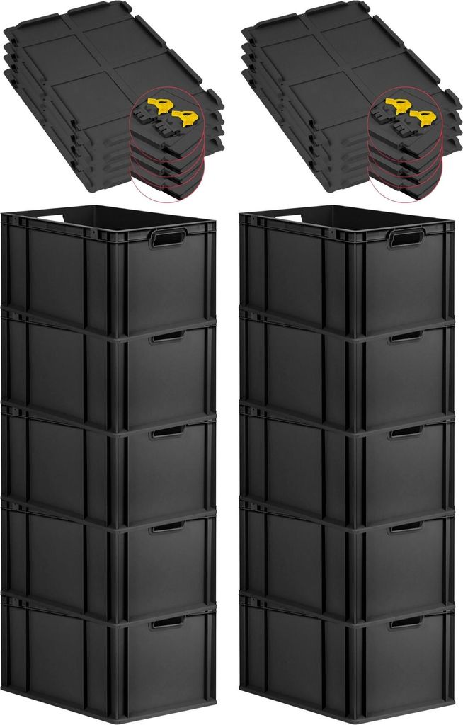 SuperSparSet 10x Eurobox NextGen Grip mit Scharnierdeckel und gelben Schiebeschnappverschlüssen | HxBxT 32x40x60cm | 65 Liter | Schwarz | Griffe o...