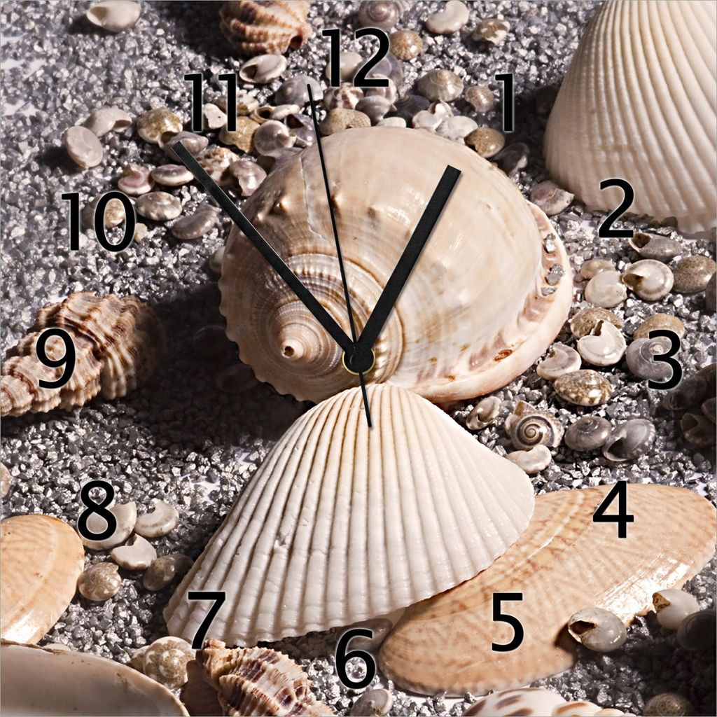 Wallario Design Wanduhr Muscheln am Strand aus Echtglas, Größe 30 x 30 cm