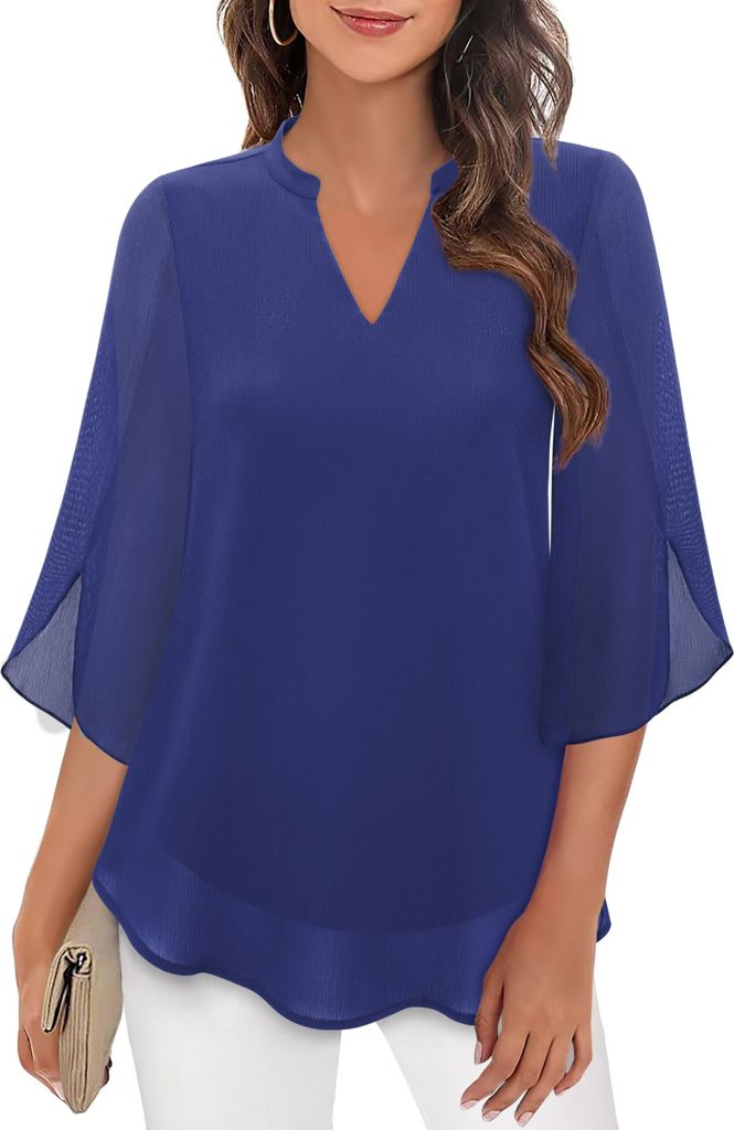 ASKSA Damen T-Shirt V-Ausschnitt 3/4 aermel Sommer Bluse Elegant Einfarbig Laessig Arbeits Doppellagig Rueschenaermel Oberteile (Dunkelblau,S)