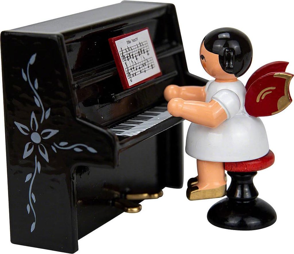 Engel auf Hocker am schwarzen Klavier, rote Flügel (6cm) von Kunstgewerbe Uhlig