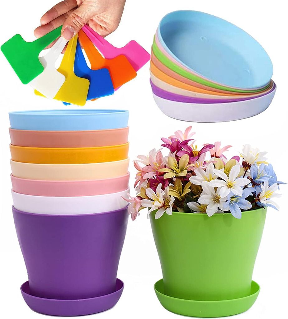 Allecto Plus - Bunte Kunststoff-Pflanzentöpfe Set mit 8 Stück - Für drinnen und draußen - Blumentöpfe mit Pflanzenetiketten und Palette - 10 c...