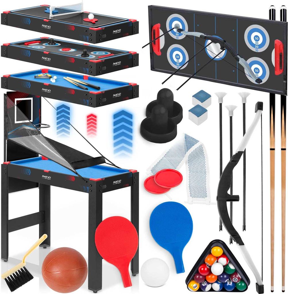 A collage of various game tables and accessories, including a ping pong table, air hockey table, pool table, basketball hoop, archery set, and billiards balls.