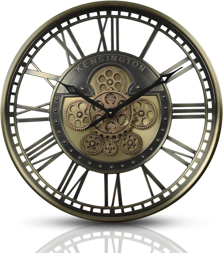 A close-up studio shot of a decorative wall clock with Roman numerals and visible gears.