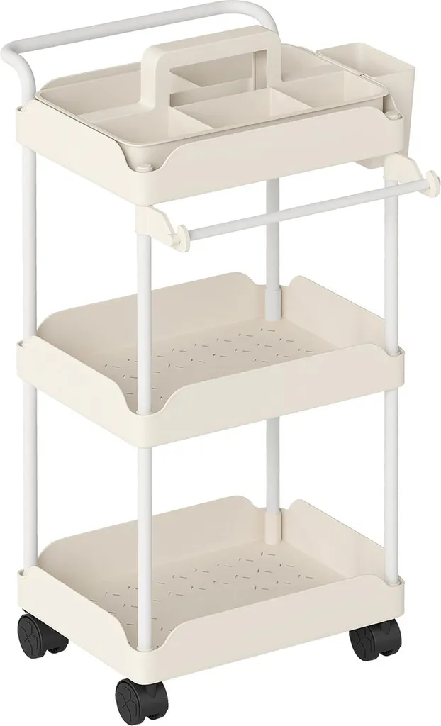 Chariot de rangement 3 paniers en métal blanc avec support serviettes