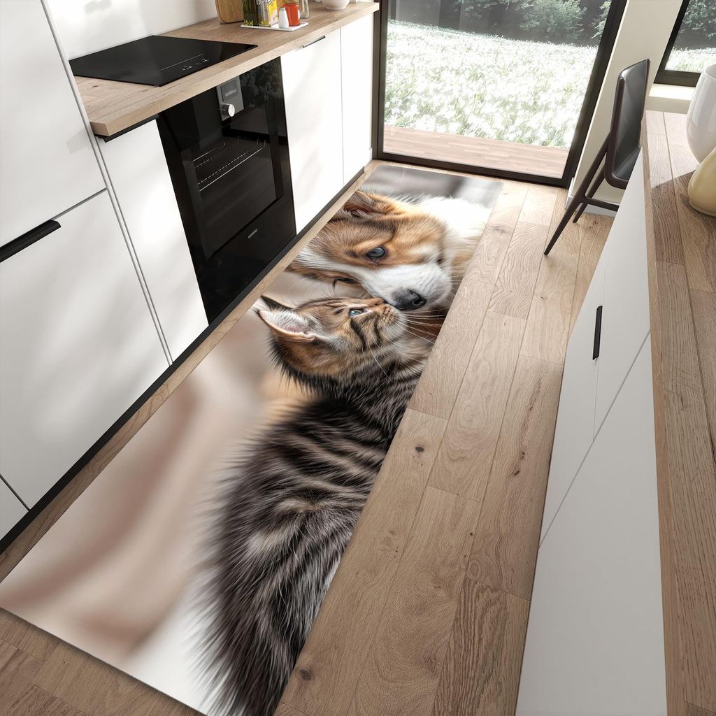 Küchenteppich 80x300cm rutschfest & abwischbar PVC Läufer - Welpe und Kätzchen