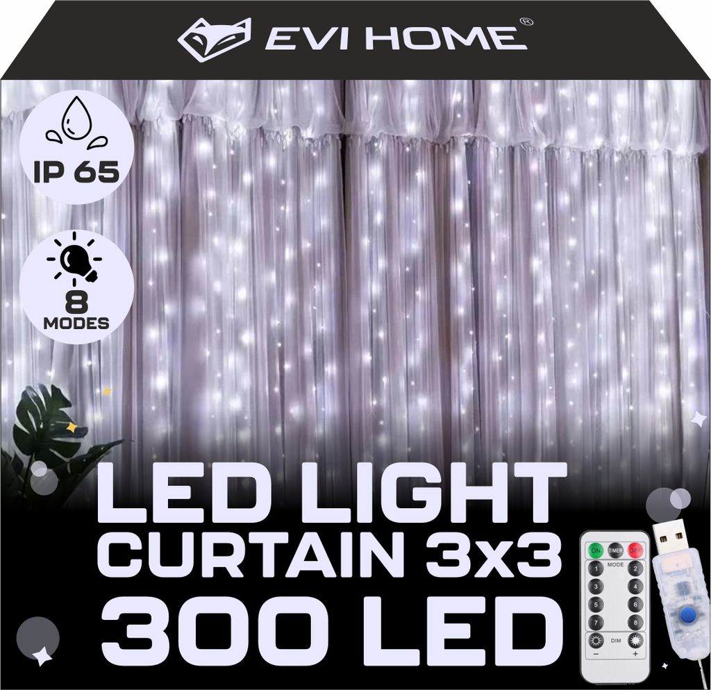 A product image for LED string lights, showing the lights draped like a curtain, with product features highlighted in circles.