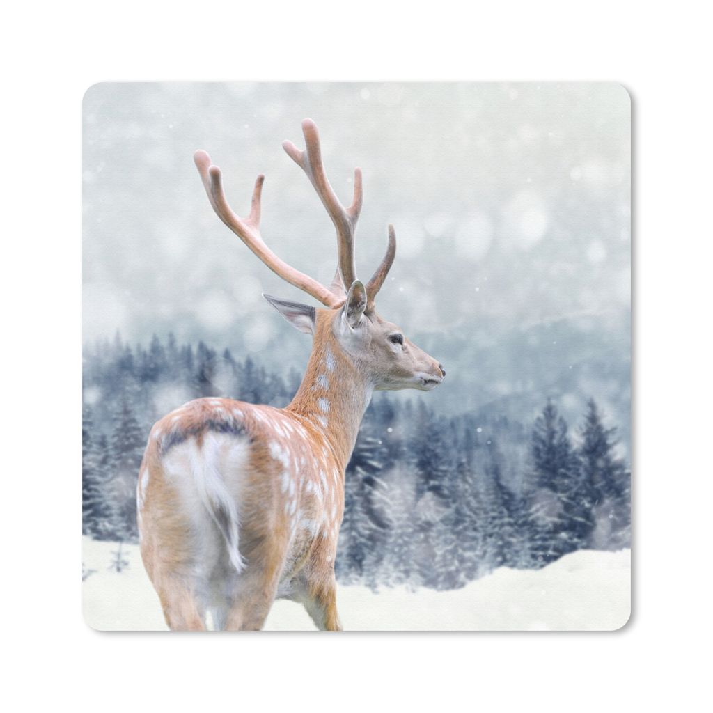 MuchoWow Mauspad Mousepad Winter - Hirsche - Tiere 20x20 cm - Mousepads - Maus Mat - Pad - Mausunterlage - Desk Mat - Bureauartikeln