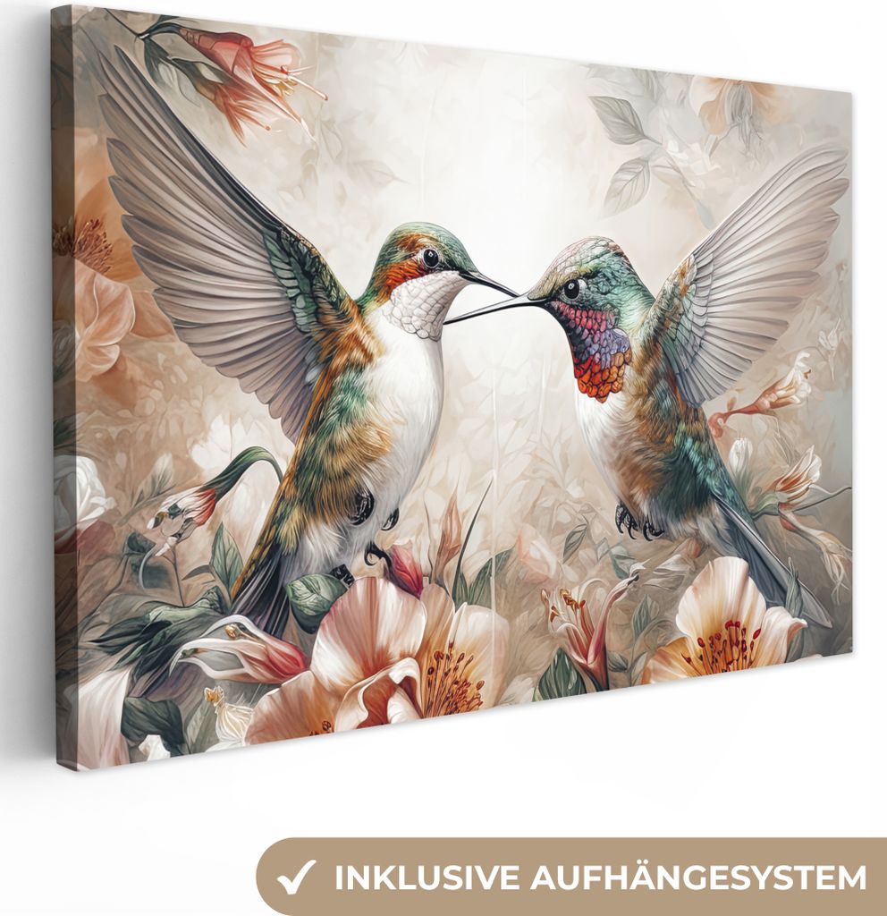 OneMillionCanvasses - Leinwandbilder - 140x90 cm, Kolibri - Vögel - Blumen - Natur, Wandbilder Kunstdruck Wanddekoration - Foto auf Leinwand - G...