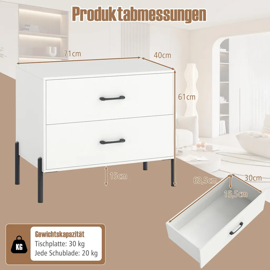 Commode de chambre à 2 tiroirs blanche, meuble de rangement 71 cm - 3