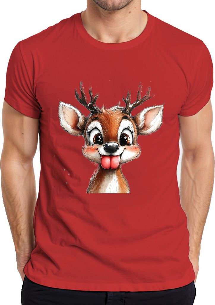 Rentier Frech Zunge raus Niedlich Weihnachten Kinder Retro Herren T-Shirt, Rot, XL