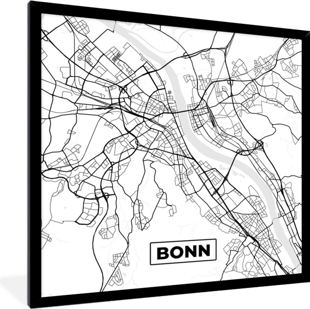 MuchoWow Gerahmtes Poster Karte - Bonn - Stadtplan 40x40 cm - Poster mit Schwarzem Bilderrahmen Wandposter Rahmen Foto Bilder - Mit Rahmen - Wand...
