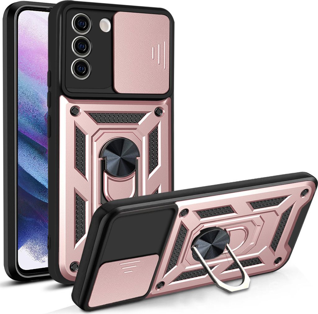A product shot of a phone case with a sliding camera cover and a ring stand, shown from two angles.