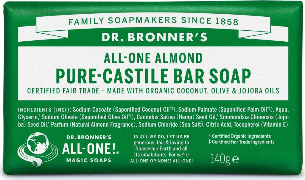 Pastilla de jabón Dr. Bronner's, 140 g, aroma a almendras Imagen del producto 