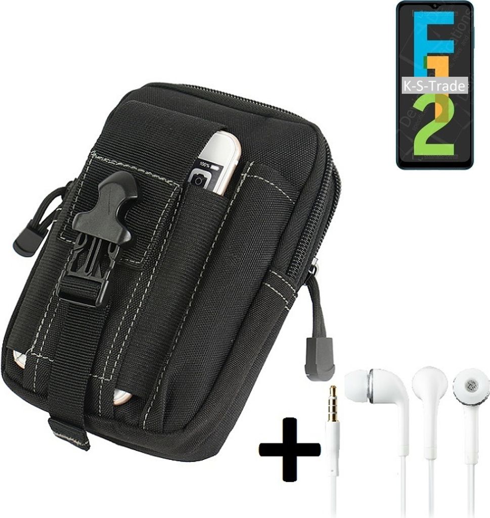 K-S-Trade Gürteltache + Kopfhörer kompatibel mit Samsung Galaxy F12 Gürtel Tasche Holster Schutz Hülle Handy Hülle schwarz inkl. Extrafächer