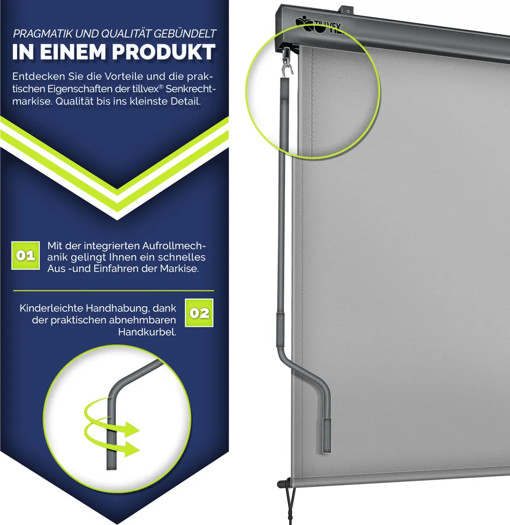 tillvex® Tenda verticale 160x250 cm Grigio per esterni e interni | Tenda a rullo per esterni impermeabile con manovella per balcone, terrazza e giardino | Tenda a rullo per balcone protezione solare in alluminio | Tenda a rullo protezione privacy - 4