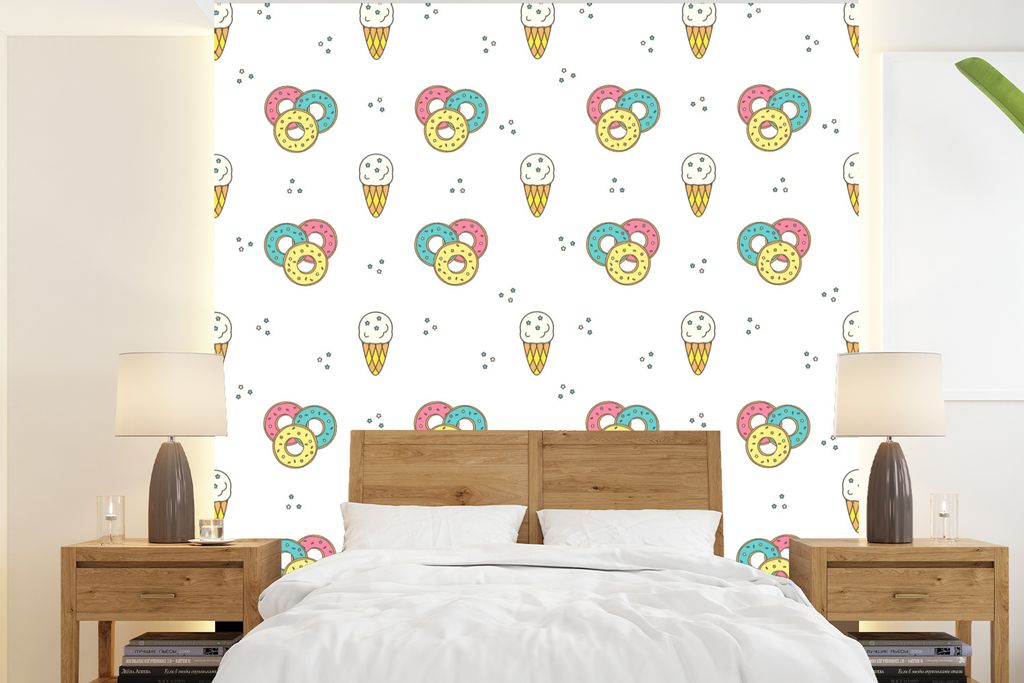 MuchoWow Fototapete für Wohnzimmer oder Schlafzimmer Wandtapete Vinyl Motivtapete Muster - Eiscreme - Donus - Jungen - Kinder - 200x220 cm - Vin...