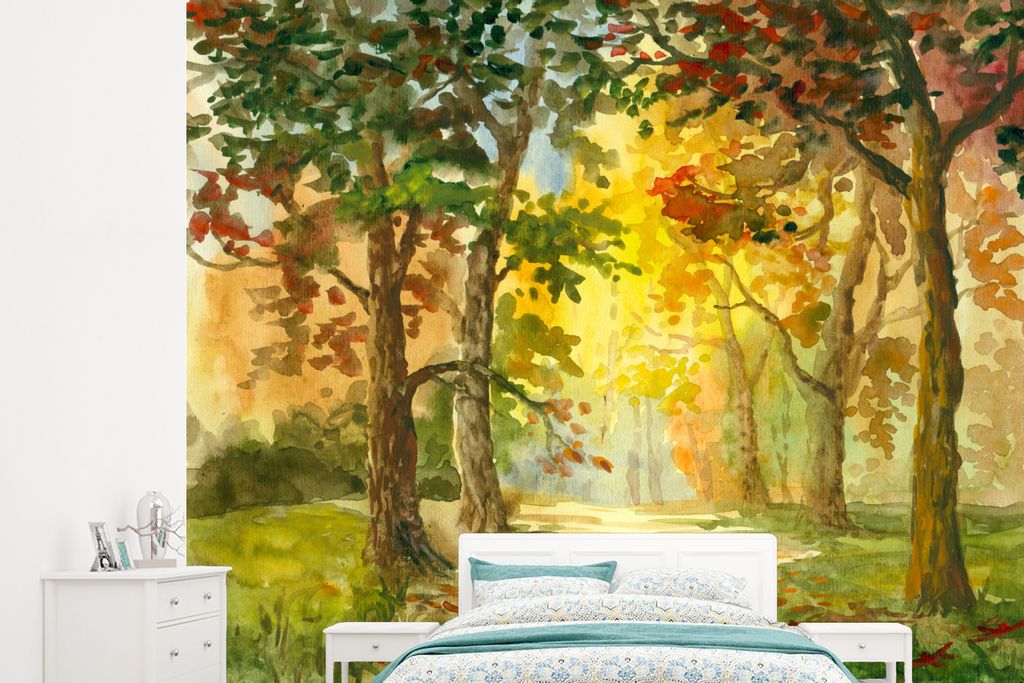 MuchoWow Fototapete für Wohnzimmer oder Schlafzimmer Wandtapete Vinyl Motivtapete Eine Illustration eines Weges zwischen den Bäumen - 245x220 c...