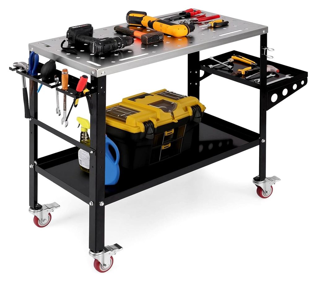 Mobiler Schweißtisch 92x46cm, Werkbank mit 2 Ablagen & Seitentablett, Schweißwagen mit 2 Haltern für Schweißdüsen, 8 Werkzeugschlitzen & Räde...
