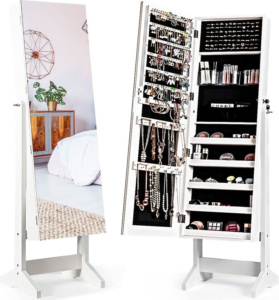 GOPLUS freistehender Schmuckschrank, Holz-Schmuckorganizer mit 4-Winkel Kippspiegel, Schmuckaufbewahrung mit 24 Halskettenhaken, 120 Ohrringöffnun...