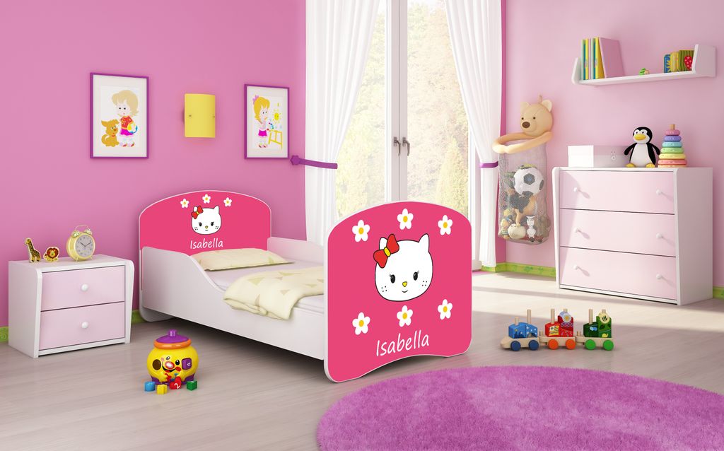 ACMA I Jugendbett Kinderbett Junior-Bett Komplett-Set mit Matratze Lattenrost Weiß 16 Sweet Kitty 2 140x70