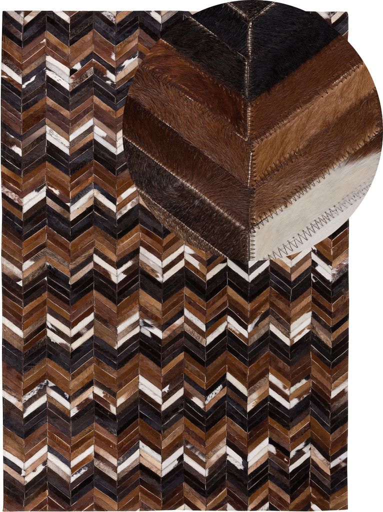 BELIANI Teppich Schwarz Beige Braun Echtleder 160 x 230 cm Kurzflor Zick Zack Elegant Handgefertigt Rechteckig