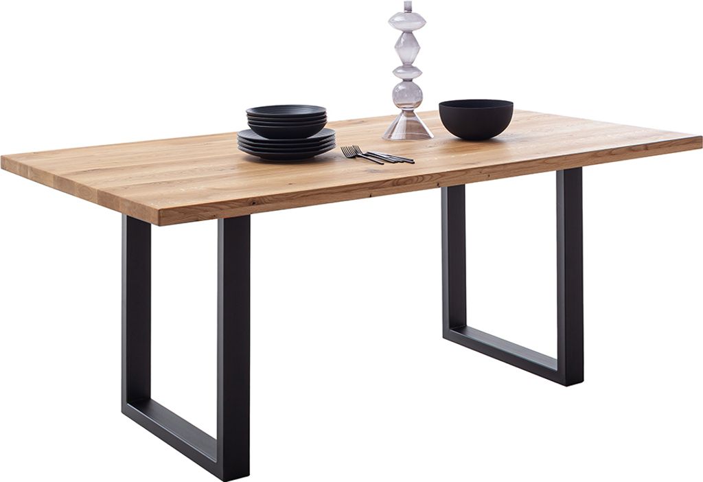 Massivholz-Esstisch 180x100 cm in Wildeiche massiv geölt mit U-Gestell und gerader Kante - DEWEY-06