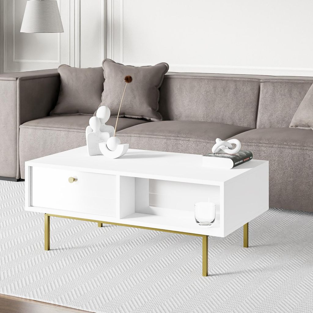 Couchtisch mit Stauraum FLOW – Wohnzimmertisch Weiß & Weiß Hochglanz - Sofatisch 110 x 60 cm - Kleiner Tisch für Wohnzimmer
